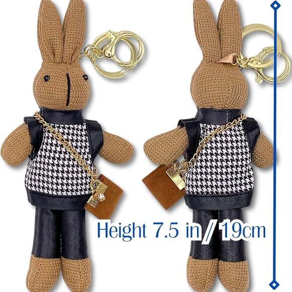 Luxury Houndstooth Crossbody Clutch with Metallic Chain & Rabbit Doll - Picture 7 of 7